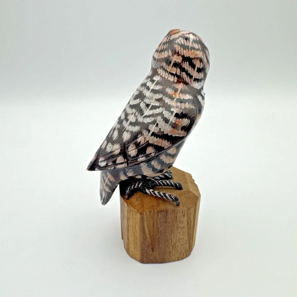 Hand Carved Wood Owl Sculpture Bird on Branch Hand Painted 4.25